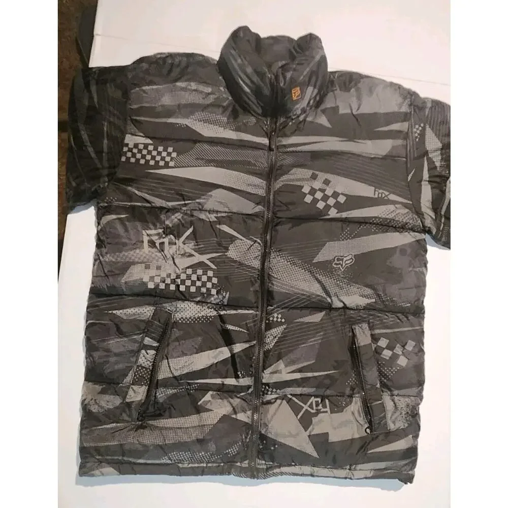 Y2K FOX Racing All Over Print Graffiti Snowboarding Zip Up Puffer Jacket Size L